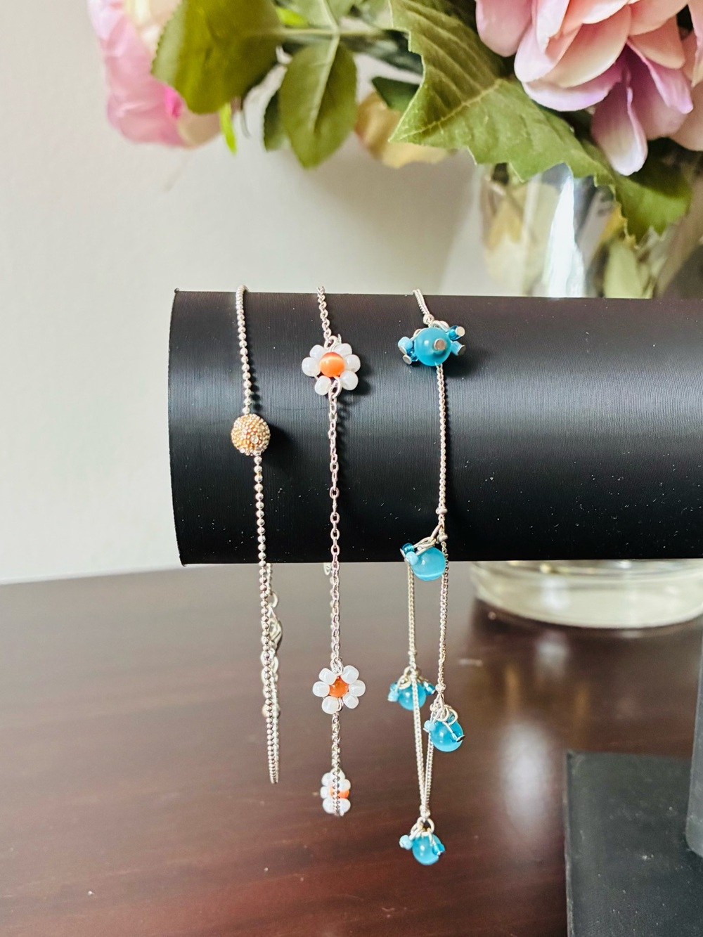Nina Ricci Avon Vintage Silver Chain Anklet/Bracelet, Set Of 3, Daisy / Beaded